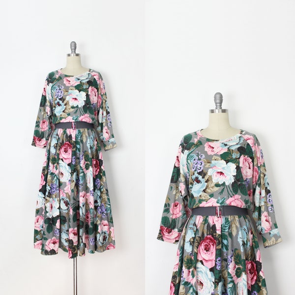 vintage 80s floral dress / 1980s floral cotton jersey dress / floral sweatshirt dress / wallpaper floral dress / big bloom floral dress