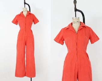 1970s Camel Corduroy Jumpsuit – Zip Front With Belted Waist | Size