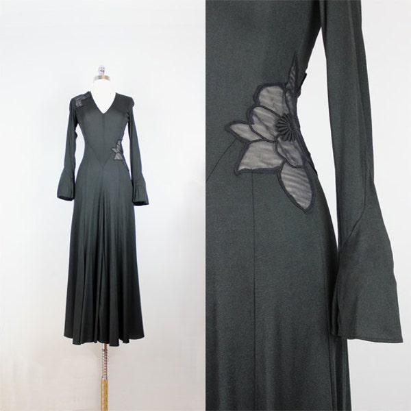 SPECIAL RESERVED / vintage 70s maxi dress / black maxi dress /  / floral applique dress / draped goddess dress / 1970s glamour dress