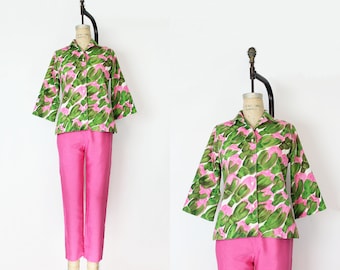 vintage 60s capri set / 1960s OLEG CASSINI top pants set / green pink floral set / 1960s floral cotton top / 1960s pink silk pants