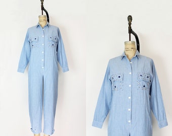 vintage chambray jumpsuit / 1980s cotton jumpsuit / studded jumpsuit / chambray denim jumpsuit / relaxed fit jumpsuit / coveralls