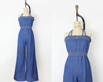 RESERVED / vintage 70s jumpsuit / 1970s LANDLUBBER jumpsuit / wide leg jumpsuit / 1970s denim jumpsuit / denim halter jumpsuit