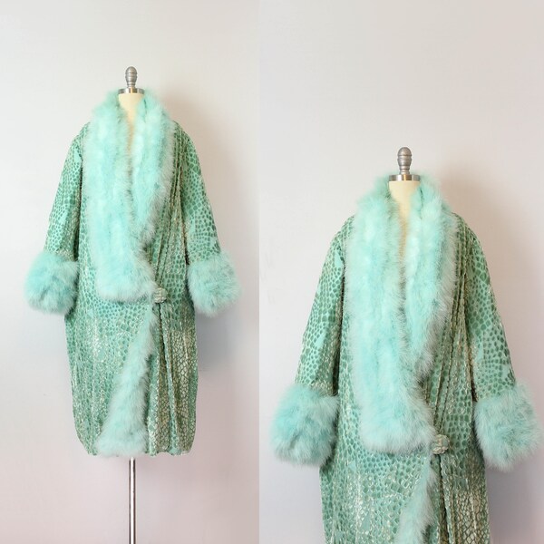 SOLD ON LAYAWAY / vintage 1920s coat / 1920s velvet chiffon marabou feather coat / burnout aqua blue velvet coat / flapper coat