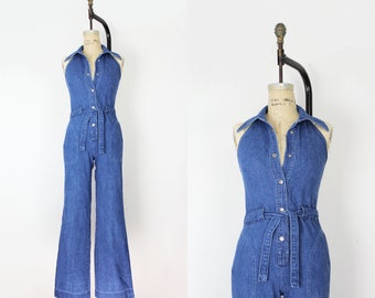 vintage 70s jumpsuit / 1970s denim jumpsuit / denim halter jumpsuit / snap front jumpsuit / flared denim jumpsuit