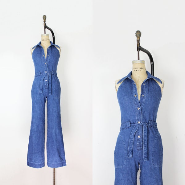 vintage 70s jumpsuit / 1970s denim jumpsuit / denim halter jumpsuit / snap front jumpsuit / flared denim jumpsuit