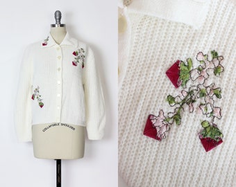 vintage 60s cardigan / 1960s floral cardigan / knit sweater jacket / holiday xmas cardigan / white pink floral cardigan / mid century knit