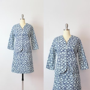 vintage 60s MARIMEKKO jacket skirt set / rare 1960s mod set / 1966 design research / blue mod floral skirt suit / designer suit set