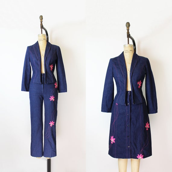 vintage 70s denim set / 1970s jeans jacket skirt s