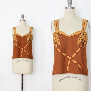 Vintage Seidenbluse / Palmen Seidenbluse / braunes Seidentop / kastenförmiges Seidentop / tropisches Blusentop