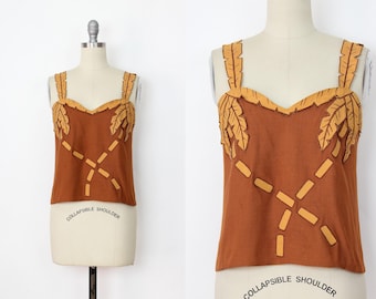 vintage silk tank blouse / palm tree silk top / novelty silk top / brown silk top / boxy silk top / tropical blouse top