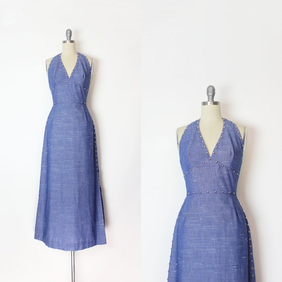 vintage 70s chambray dress / 1970s studded maxi d… - image 1