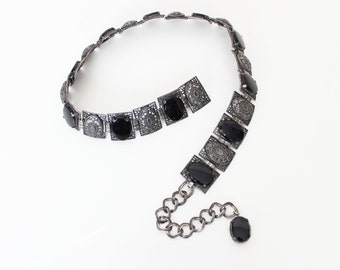 vintage 60s glass metal belt / 1960s chain link belt / black glass jeweled belt / filigree belt / Victorian revival belt / gothic belt