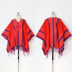 vintage 70s JOSEFA top / 1970s fringed poncho / Mexican fringe cape / striped cotton poncho / folk art clothing / draped poncho top