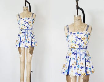 vintage 60s playsuit / 1960s floral romper / 1960s swimsuit / watercolor floral swimsuit / blue white romper / 1960s swimwear / romper
