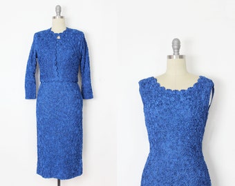 vintage 50s ribbon knit dress / 1950s ribbon dress / 1950s wiggle dress / vintage dress cropped jacket set / blue knit dress