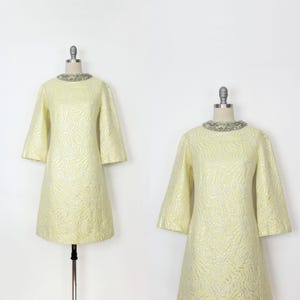 vintage 60s metallic dress / 1960s space age dress / silver yellow dress / metallic brocade dress / beaded collar dress / 1960s party dress