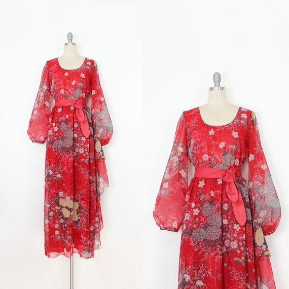 vintage 70s HANAE MORI dress / 1970s floral chiffon dress / 70s chiffon dress / balloon sleeve dress / red chiffon dress / designer 70s