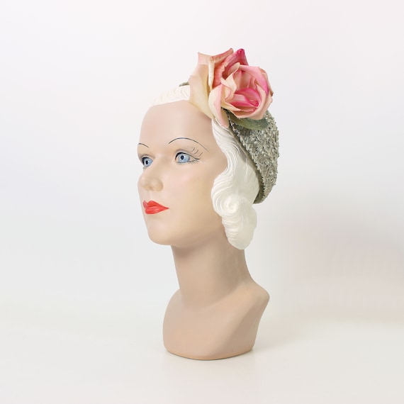vintage 50s hat / 1950s floral straw hat / large f