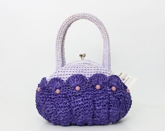 vintage 60s straw bag / 1960s WALBORG bag / scalloped straw bag / beaded straw bag / top handle straw bag / vintage purple bag