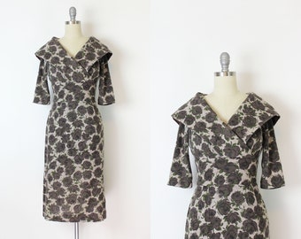 vestido vintage de los años 50 / vestido de punto floral de los años 50 / vestido de lana floral / vestido de punto ajustado de los años 50 / vestido gris marrón / vestido de punto de lana suave