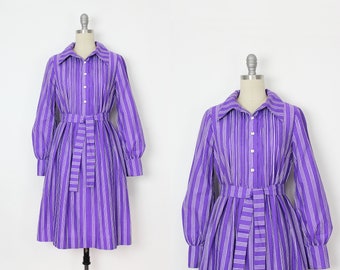 vintage 70s MARIMEKKO dress / 1970s cotton shirt dress / purple striped dress / striped tunic dress / mod stripe dress / belted shirt dress
