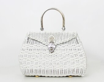 vintage wicker bag / 1960s white wicker bag / woven wicker bag / vintage straw bag / vintage summer bag purse / large wicker bag