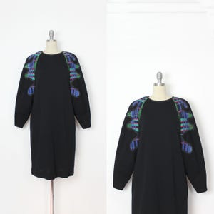 vintage Kleid von Koos Van den Akker / 1980er Jahre Designer Kleid / Avantgarde Kleid / Patchwork kariertes Kleid / schwarzes Wollkleid / Kleid mit Dolmanärmeln