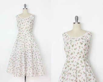 vintage 50s floral dress / 1950s sheer floral dress / rose print dress / sheer white floral dress / sheer sundress / fit flare floral dress