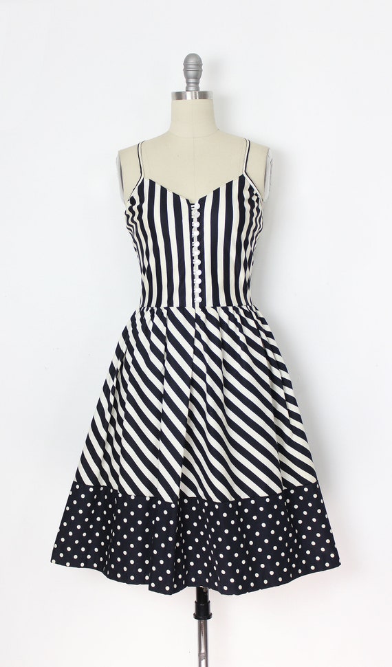 black and white striped dress vintage / Striped Dress / 1980s Striped Sundress / Polka Dot Dress / Fit Flare Sundress / Halloween Dress Formal dress