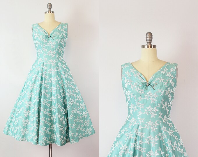 Vintage 50s Dress / 1950s Aqua Blue Star Embroidered Dress / - Etsy