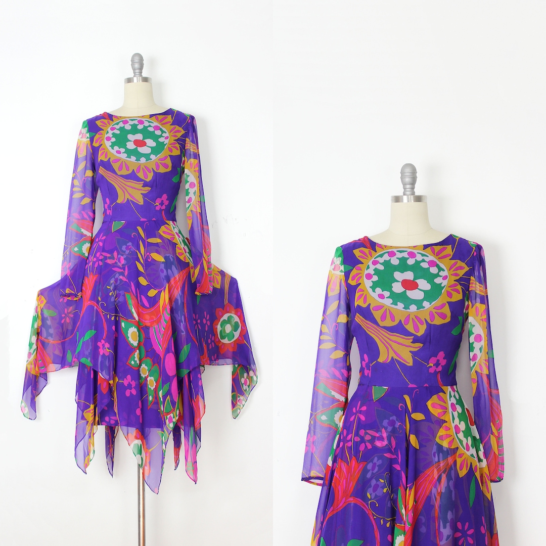Vintage 70s Chiffon Dress / 1970s Floral Chiffon Dress / Handkerchief ...