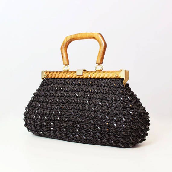 vintage 60s woven straw bag / 1960s black beaded p