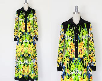 vintage 70s MR DINO dress / 1970s floral maxi dress / 70s jersey maxi dress / black bright floral dress / designer 70s dress / 70s fall