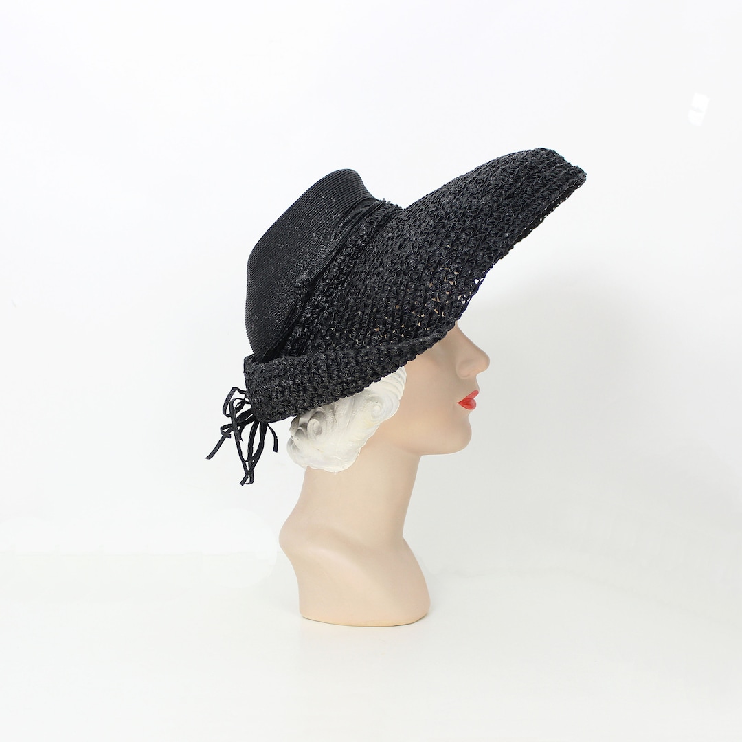 Vintage 40s Straw Hat / 1940s Black Straw Hat / Black Sun Hat / Wide ...