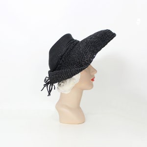 vintage 40s straw hat / 1940s black straw hat / black sun hat / wide brim black hat / dramatic straw hat / 1940s wide brim hat