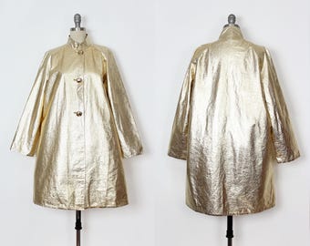 Vintage 60s Gold Coat / 1960s Metallic Gold Coat / Crinkle