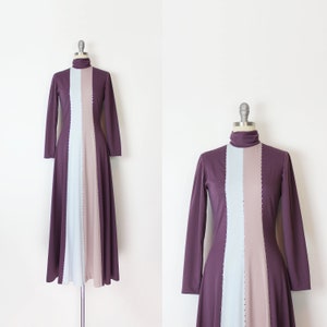 vintage 70s dress / 1970s rhinestone dress / 1970s striped maxi dress / purple grey dress / rhinestone studded dress / statement dress