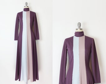 vintage 70s dress / 1970s rhinestone dress / 1970s striped maxi dress / purple grey dress / rhinestone studded dress / statement dress