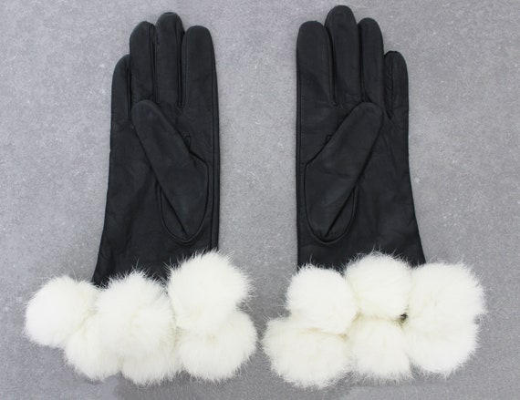 vintage leather fur gloves / fur pom pom gloves /… - image 3