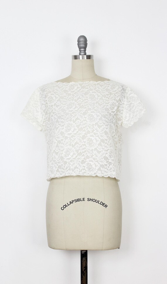 Vintage 50s Lace Blouse / 1950s White Lace Top / Sheer Lace