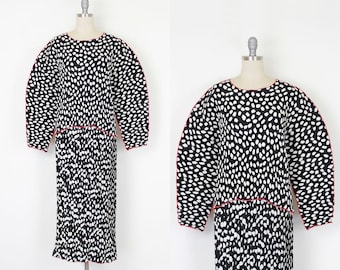 vintage avant garde pleated set / 1980s plisse pleat top / statement sleeve top / black white top skirt / polka dots set / Ellen Hauptli