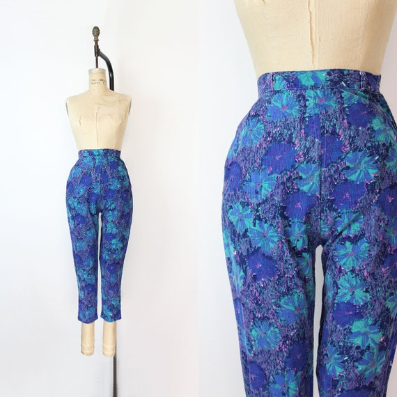 vintage 50s pants / 1950s floral corduroy pants /