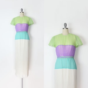 vintage 70s BOB MACKIE dress / 1970s designer dress / plisse pleated dress / pleated maxi dress / colorblock dress / evening dress