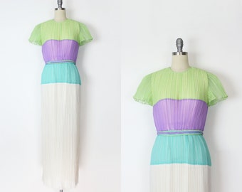 vintage 70s BOB MACKIE dress / 1970s designer dress / plisse pleated dress / pleated maxi dress / colorblock dress / evening dress