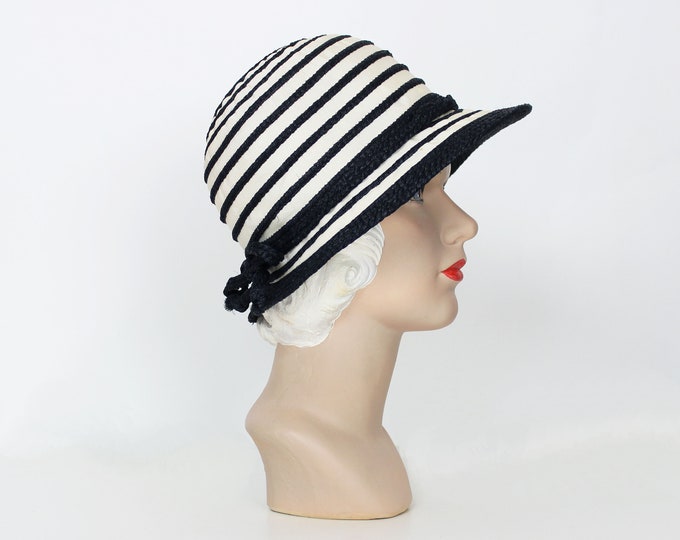Vintage 60s Hat / 1960s Striped Hat / Black White Stripe Hat / Etsy