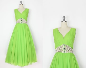 vintage 60s chiffon dress / 1960s jeweled chiffon dress / beaded chiffon dress / lime green chiffon dress / 1960s party dress