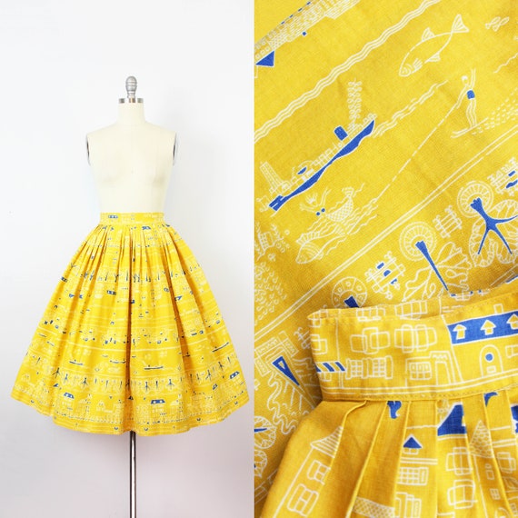 vintage 1950s novelty print skirt / 1950s yellow s