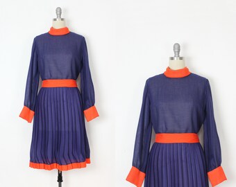 vintage 60s dress / 1960s mod color block dress / pleated skirt dress / vintage cotton voile dress / navy orange dress