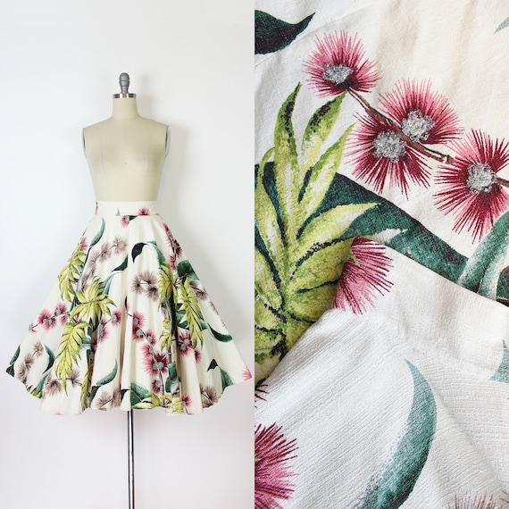 vintage 50s skirt / 1950s barkcloth floral skirt /