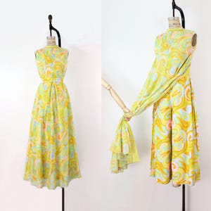 vintage 60s jumpsuit / 1960s overlay jumpsuit / psychedelic jumpsuit / 1960s hostess jumpsuit / 1960s wide leg jumpsuit / jumpsuit dress